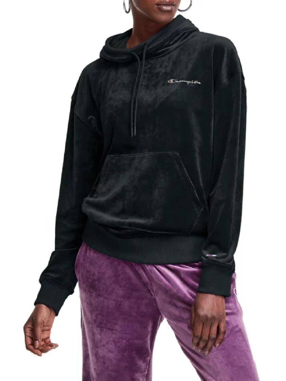 new Champion Women's Size SMALL Velour Pullover Hoodie Sweatshirt in BLACK